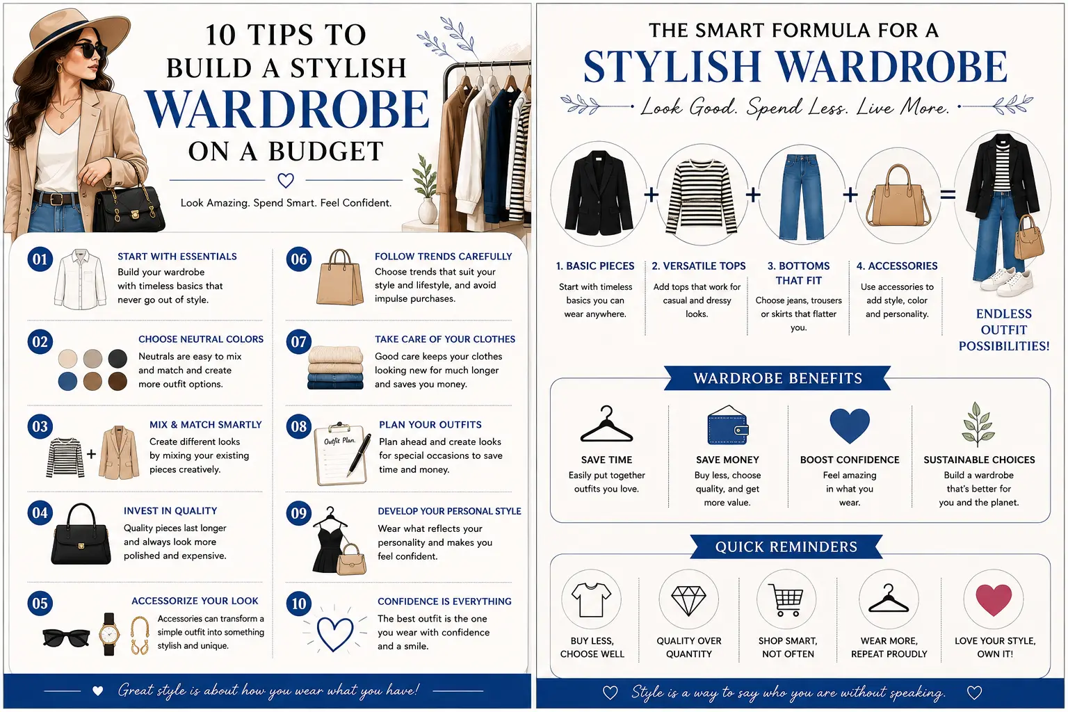 Stylish fashion wardrobe with classic clothing and accessories