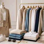Stylish fashion wardrobe with classic clothing and accessories