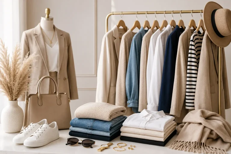 Stylish fashion wardrobe with classic clothing and accessories