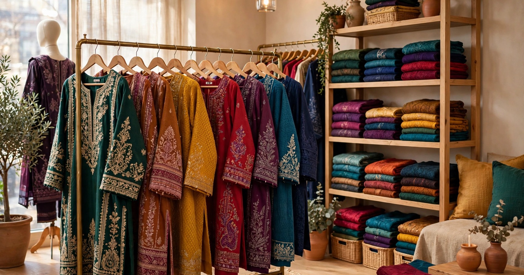 Winter clothing collection in a Pakistani fashion boutique