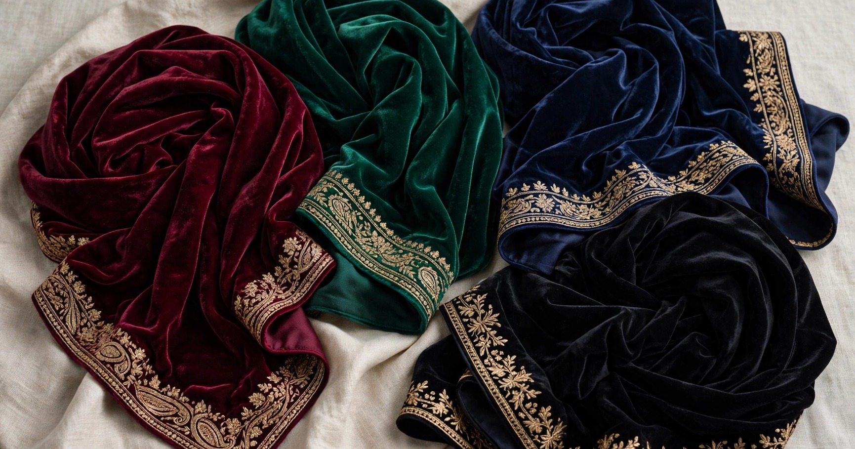 Velvet shawls for women in jewel tones with gold embroidery