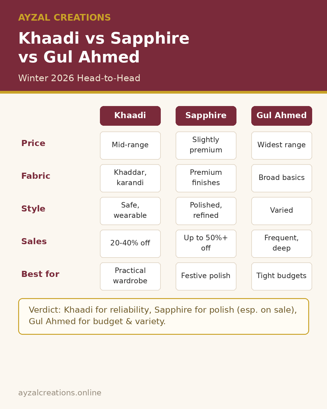 Infographic: Khaadi vs Sapphire vs Gul Ahmed winter 2026 comparison