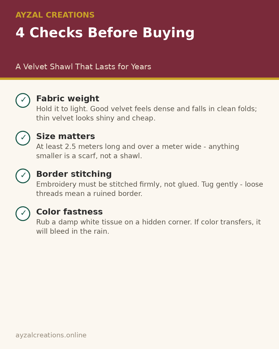Infographic: 4 checks before buying a velvet shawl